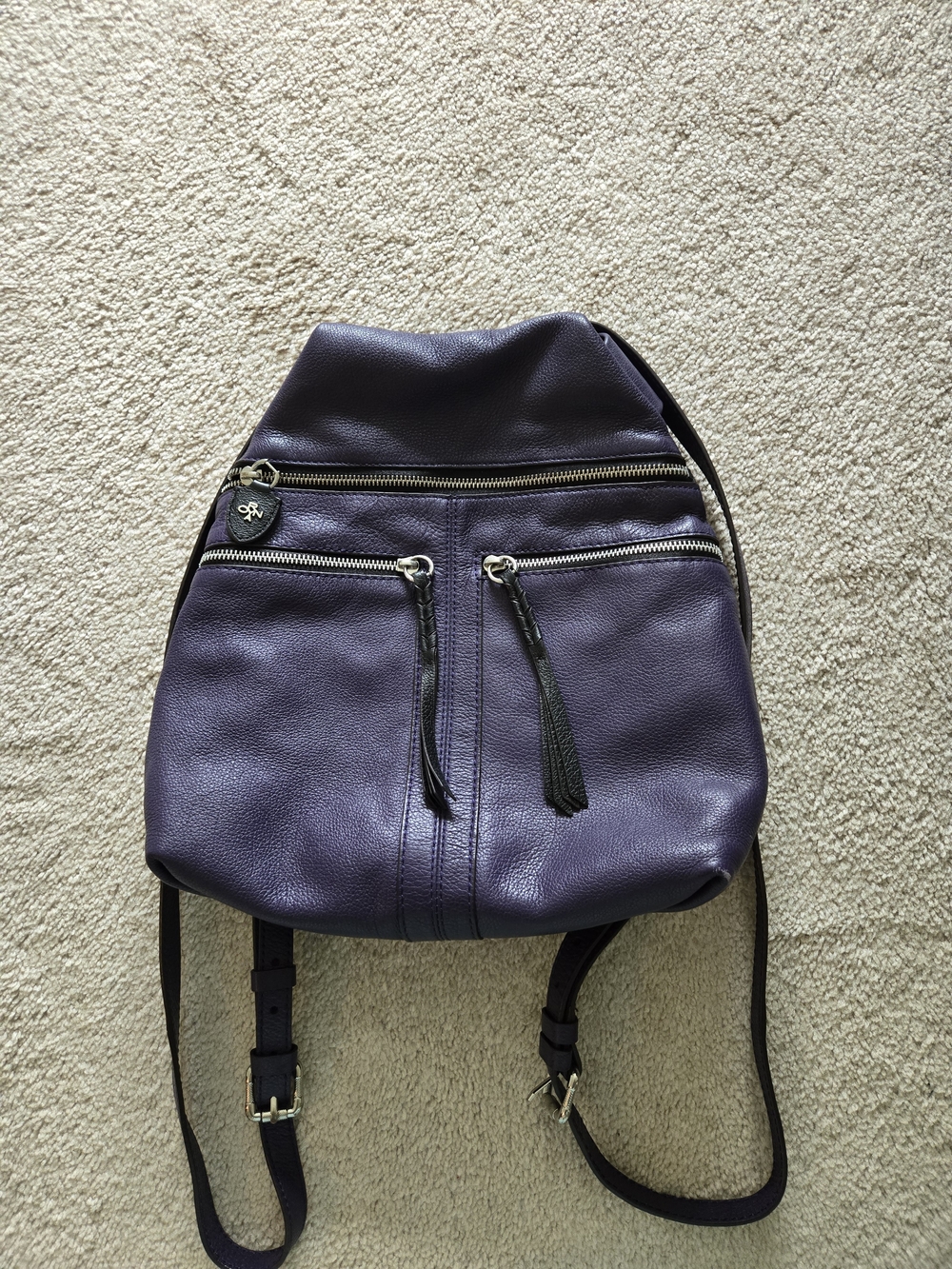 orYANY Purple Pebbled Leather Backpack with Tassel Zips
